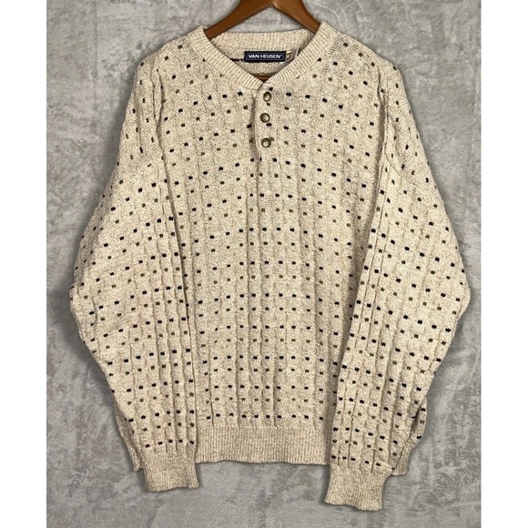 Van Heusen Other - Vintage Mens Grandpa Sweater Van Heusen Henley XL Birds Eye Squares Dots 90s USA